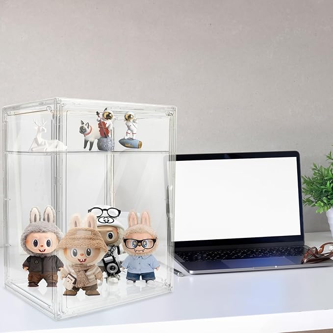 Acrylic Display Case - 2 Layers Transparent Doll Display Box Oversized with Magnetic Lid and Removable Partitions for Storing Dolls Models and Cosmetics