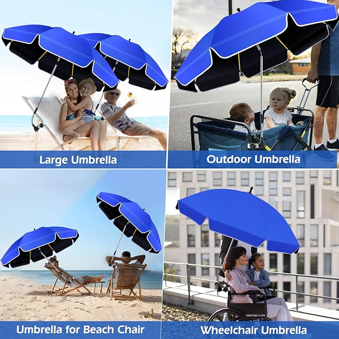 2Pack 48.8 inch Large Beach Umbrella with Clamp Sun Shade for Beach Chair 360°Adjustable UV Protection Golf Umbrella with Clip for Outdoor Stroller Wheelchair Camping Chair