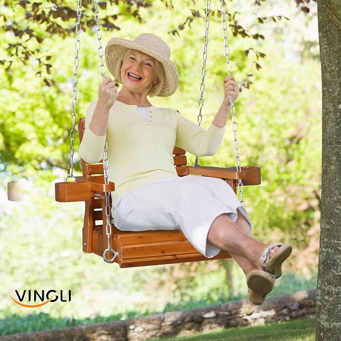 VINGLI Heavy Duty 440 LBS 1-Person Wooden Patio Porch Swing with Deeper Seat &amp Higher Backrest &amp Extra Cup Holder for Adults &amp Kids Outdoor Single Porch Swing for Porch Yard Balcony Tr