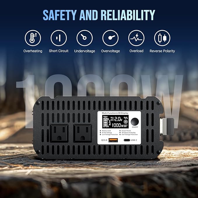 1000W Pure Sine Wave Inverter 12V DC to 110-120V AC Efficient Energy Converter for Home RV Use with Wireless Remote Control with USB C Ports