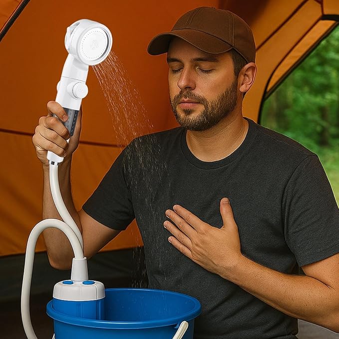 Camp Shower With Rechargeable Pump Portable 86.6 In / 220 Cm Hose 4000Mah Blue Multiple Spray Modes Low Noise For Job Sites And Camping