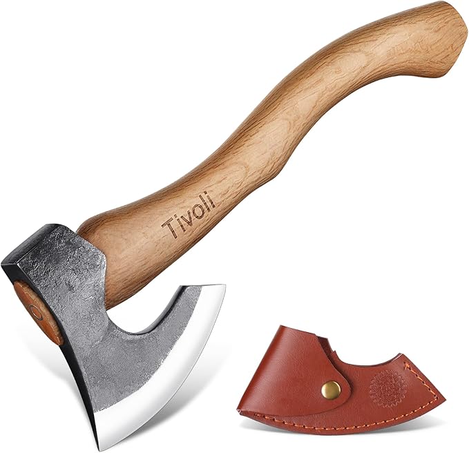 Tivoli 15 Inch Camping Axes and Hatchets Bushcraft Axe for Wood Splitting and KindlingHand Forged Carbon Steel Chopping Axes Ash Wood Handle with Sheath for Camping and Survival