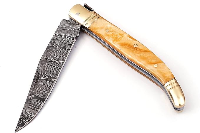 Laguiole Folding Damascus steel knife 8.5 Long with 4 hand forged custom twist pattern Blade. Beige color unshrinkable Raisen scale with brass bolster Cow hide leather sheath included