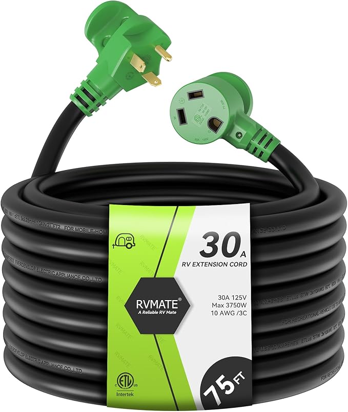 RVMATE 30 Amp 75 Feet RV Power Extension Cord with Easy Plug-in Handle TT-30P to TT-30R LED Indicator 10 AWG ETL Listed