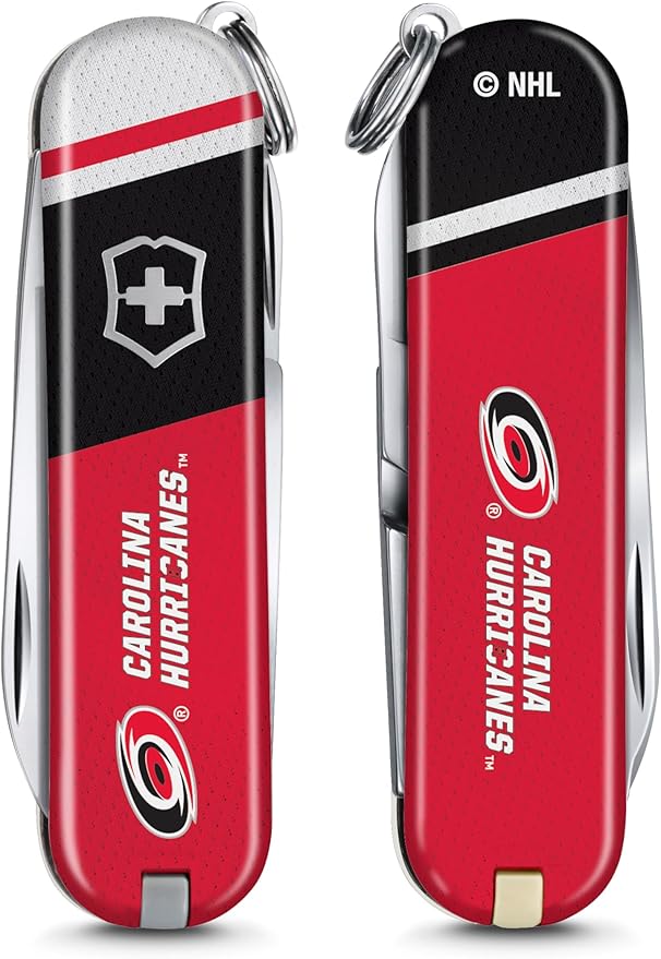 Victorinox Classic SD Swiss Army Knife – Compact 7 Function Swiss Made Pocket Knife with Small Blade Screwdriver and Key Ring – Carolina Hurricanes