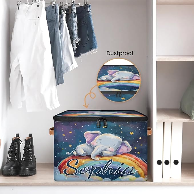 Custom Storage Basket with Name Personalized Storage Bins with Zipper Lid Foldable Fabric Storage Box Large capacity with Handle Elephant Rainbow
