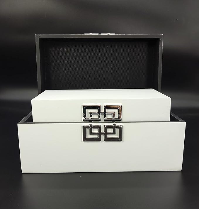 Galt International Storage Box Set Decorative Storage Box w/Hinged Lid Classic Design Wood Decor Boxes with Geometric Clasp Storage for Bedroom &amp Home - Set of 2 (White &amp Silver)