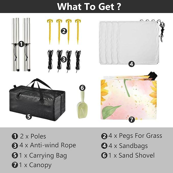 Sunflowers Beach Canopy Sun Shelter with Sandbags &amp Sand Shovel &amp Windproof Ropes - Portable 110x126 Beach Shade Beach Tent for Camping Picnics