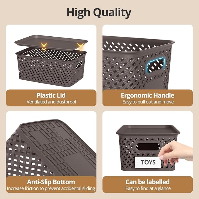 Plastic Storage Bins with Lid Stackable Small Box Basket for Organizing and Containers for Shelves Drawers Desktop Closet Playroom Pantry Classroom Office Home 8-pack 10.2x7.2x4.1 Inch Brown