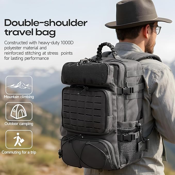 Tactical Military Backpack Large Capacity Molle System Multi-Compartment Design with Shoe Storage Black (grey)