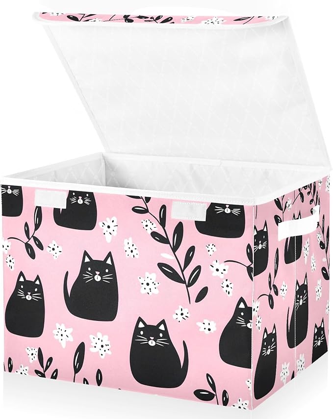 Cartoon Cute Cats Storage Cube Bins Basket with Lid Collapsible Flip-top Fabric with Handle for Home Bedroom Closet Office 16.5×12.6×11.8 in