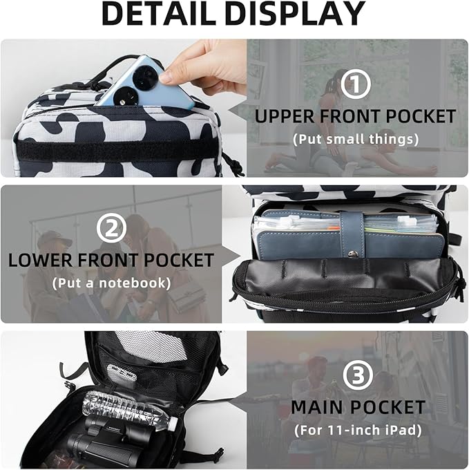 12L Mini Tactical Military Backpack for Women Army Assault Pack Bag Small Rucksack with Bottle Holder Work Gym Bag - 12L Cow Print Backpack Mini Small Workout Pack