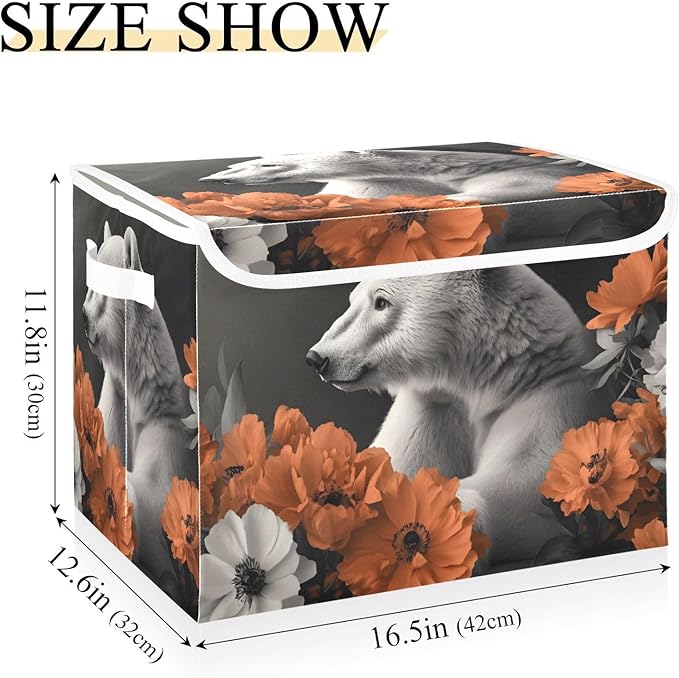 AIXIWAWA Lidded Storage Cube (Polar Bear Flower) Fabric Foldable Closet Bins with Flip Lid and Handles Organizer Basket Container 16.5 x 12.6 x 11.8 IN