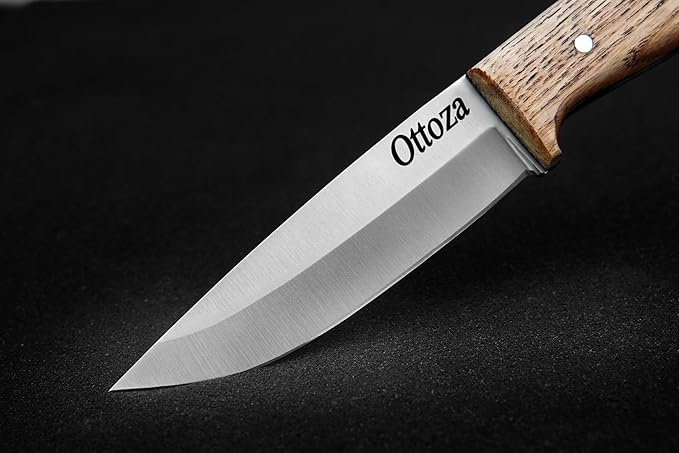 Ottoza Full Tang Bushcraft Knife with 1095 Carbon Steel Fixed Blade - Survival and Outdoor Camping Knife - Ash Wood Handle Brown Leather Sheath 403