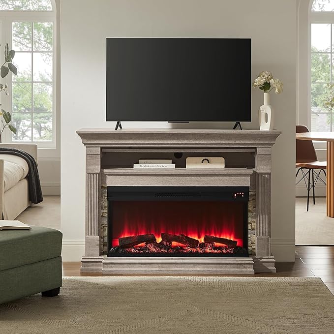 OKD 52 Inch Electric Fireplace with Mantel Fireplace TV Stand with 36 3-Sided Glass Electric Fireplace Heater for Living Room (Light Rustic Oak)
