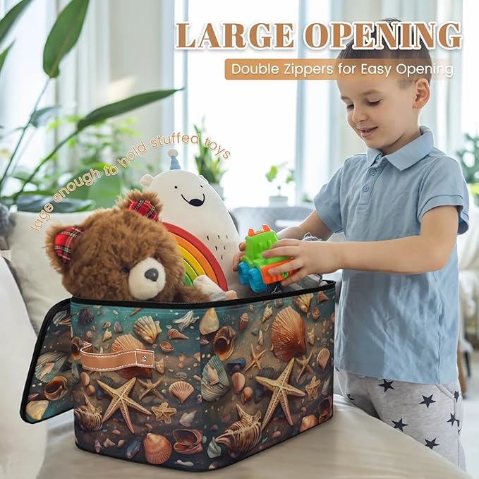 Storage Bins with Lids Retro Starfish Seashells Storage Basket Clothes Organizer with Handles Closet Storage Containers for Clothing Bedding Blanket