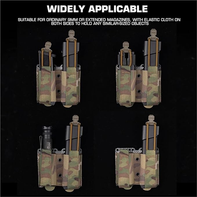 Tactical Double Elastic Mag Pouch - 9mm/40 MOLLE Waist Belt Bag for Flashlight &amp Tool Holster Hunting Airsoft Shooting Gear