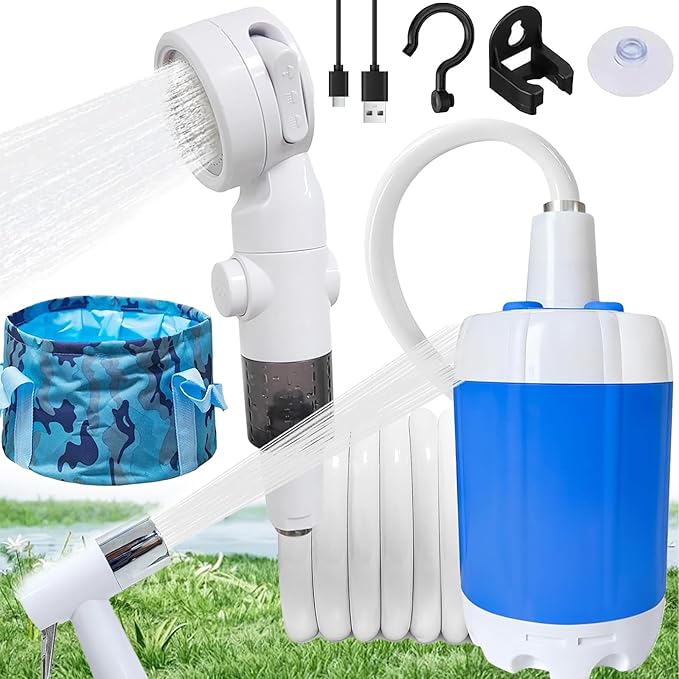 Portable Camping Shower with Adjustable Flow Camping Shower Pump - Rechargeable Outdoor Shower Head Sprayer Electric Outdoor Camp Shower Pump for Hiking RV Travel Pet &amp Car Wash Use