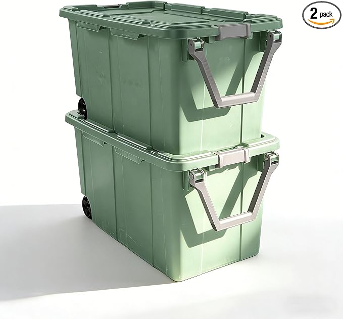 2 Pack 40 Gallon Heavy-Duty Wheeled Storage Bins - Industrial Rolling Totes with Secure Latch Lids for Garage Camping Warehouse &amp Moving Organization (Green)