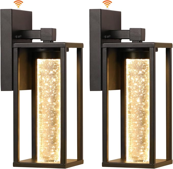 WIHTU Dusk to Dawn Porch Light Sensor Outdoor Light Fixture for House with Crystal Bubble Modern Matte Black Exterior Lighting Fixtures 2 Pack Outside Lanterns for Garage Entryway