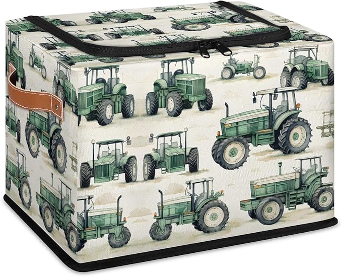 Tractor Truck Storage Bins with Zipper Lid Collapsible Fabric Storage Basket with Leather Handles Closet Shelf Cloth Organizer Basket for Nursery Bedroom Clothes Toy