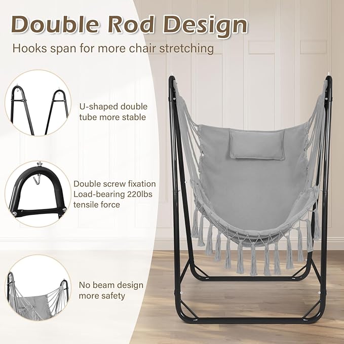U-Shaped Hammock Chair with Stand Heavy-Duty and Rustproof Hanging Chair with Stand Bohemian Style Tassel Hammock Swing Chair Stand with Headrest and Side Pockets for Yard Garden (Light Gray)