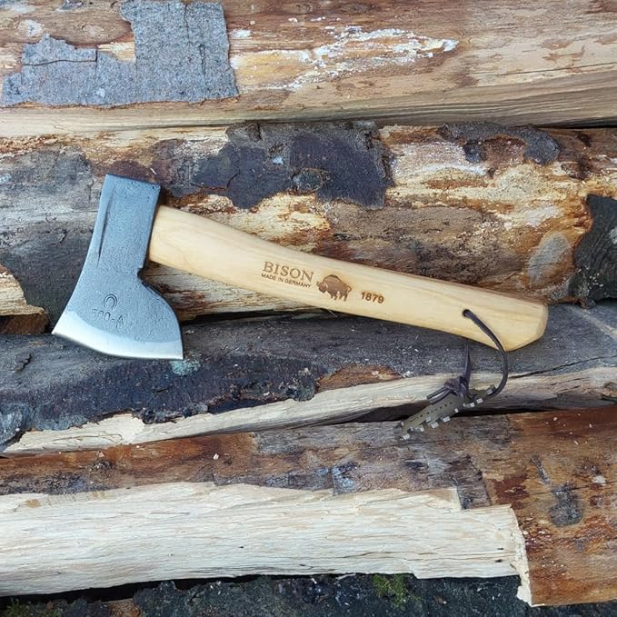 Bison Hatchet 1879 500 g I Allrounder 330 mm Long for Forest Camping &amp Outdoor I Hand Forged I Triple Safety Wedging with Genuine Leather Cutting Protection Natural