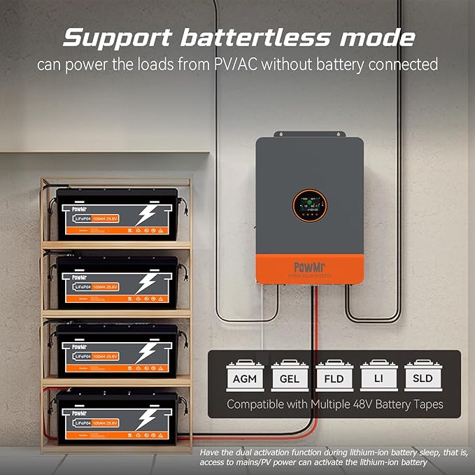 PowMr Solar Inverter 5000W 48Vdc to 110Vac 5200W Split-Phase Solar Inverter Built-in 100A MPPT Controller | Max.PV Input 6KW 500VOC | Support 6 Units Parallel and Batteryless Run