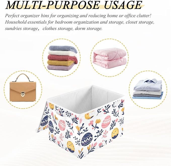 Doodle Easter Eggs and Flower Pattern Foldable Storage Baskets Fabric Boxes with Handle Organizers with Flip-Top Lids Storage Bins for Home Bedroom Office