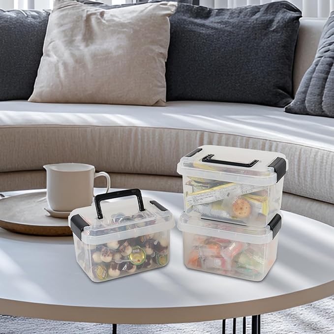 3 L Plastic Storage Bins with Lid 6-Pack Clear Latch Storage Box with Black Handle