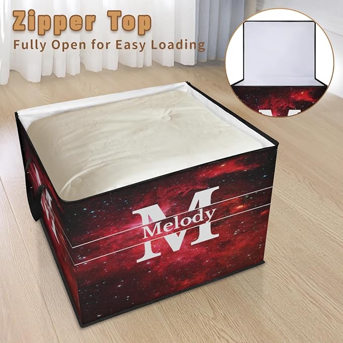 Personalized Name Foldable Storage Basket Cubes with Lid Laundy Hamper Dirty Clothes Pet Toys Storage Bin with Handles for Shelf Home Closet Kitchen Red Galaxy Universe with Initial Letter