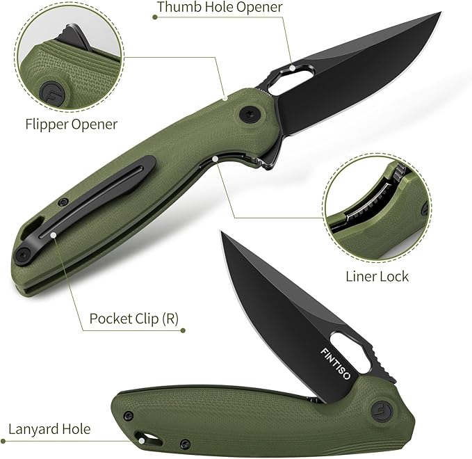 FINTISO Pocket Knife 3.38 Folding Knife Premium 14C28N Blade with G10 Handle Camping Survival Hiking Knife Best Gift for Men Women Atlas Series