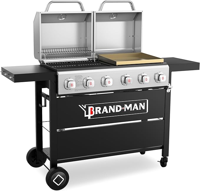 Brand-Man Griddle Grill Combo 6-Burner 2 in 1 Versatile Propane Gas Grill and Griddle with Double Stainless Steel Lids BBQ Combo for Outdoor Kitchen &amp Backyard Barbecue Cooking