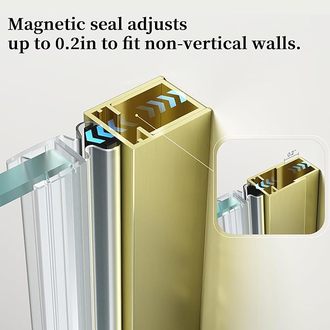 29.6-29.8 x 72Frameless Hinged Shower Door Single Swing Shower Panel with 5/16” (8mm) Tempered Glass 180° in &amp Out Opening 5mm Adjustable for Non-Vertical Walls (Brushed Gold 29.8 x 72)