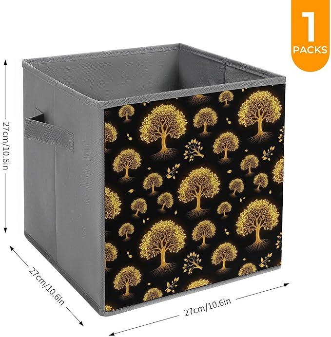 Collapsible Storage Bins with Handles Gold Black Tree Life Celtic Art Foldable Cube Organizer Box for Closet Shelf Toy Storage Space-Saving Home &amp Office Decor