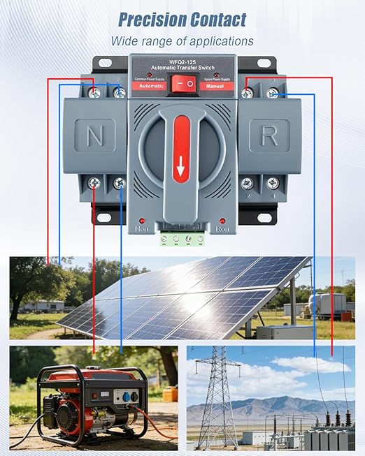 100A AC220V Dual Power Transfer Switch 2Pole ATS Automatic/Manual Changeover Transfer Switch for Home Generator Solar Power System with Auto Selector Over/Under Voltage Protection 50/60Hz