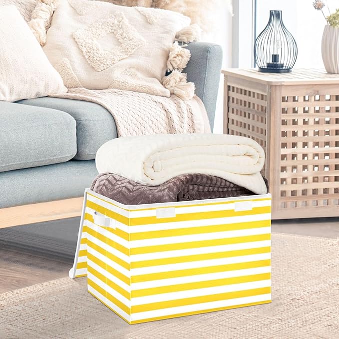 Bright Yellow and White Stripes Collapsible Storage Bins with Lids Decorative Fabric Cubes Closet Organizer Basket Boxes Containers for Clothes Box Chest Folding Rectangle