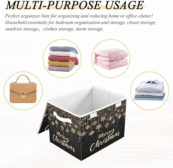 Gold Merry Christmas Storage Box with Lid 1 PC Foldable Storage Bin with Lids Stackable Storage Bins Cube Closet Organizer Basket with Flip-Top Lid &amp Handles for Shoes Books Towels