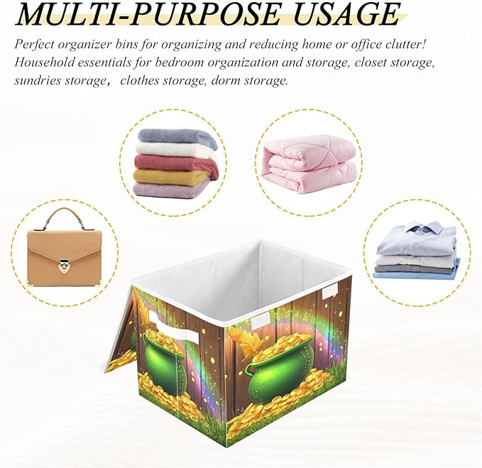 Christmas Storage Baskets with Lids St. Patrick's Day Coin Clover Collapsible Bins Stackable Fabric Linen Baskets Closet Organizer Container 16.5x12.6x11.8