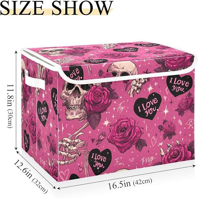 Valentine Skull Roses Pink Storage Box with Lid 1 PC Foldable Storage Bin with Lids Stackable Storage Bins Cube Closet Organizer Basket with Flip-Top Lid &amp Handles for Shoes Books Towels