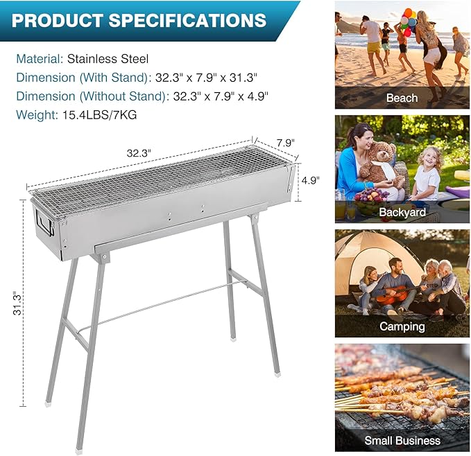 IRONWALLS Portable Charcoal Grills 32 x 8 Stainless Steel Folded Camping Grill Kebab Skewer Barbecue Grill Kit for Garden Backyard Party Picnic Travel Home Outdoor Cooking Use