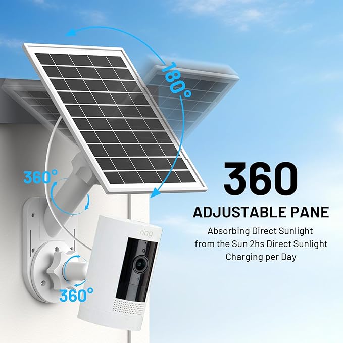 Solar Panel and 2-in-1 Wall Mount for Ring Cam 6W Solar Charger Compatible with R-ing Spotlight Pro/Plus &amp Stick Up Cam Battery Models Weatherproof Cable with USB-C and Ring Barrel Plug