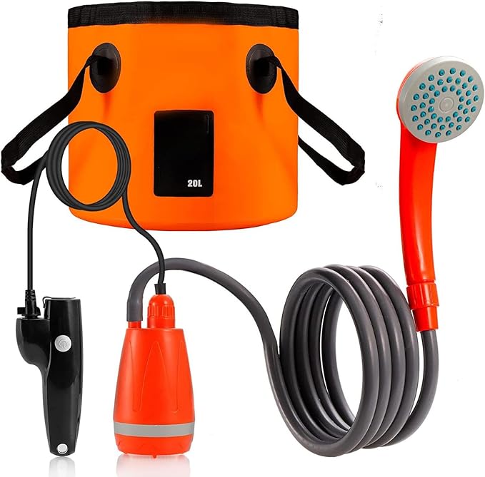 DC 12V Car Shower Outdoor Bather Charging Model with Folding Bucket Portable Outdoor Shower Convenient for Camping (Orange)