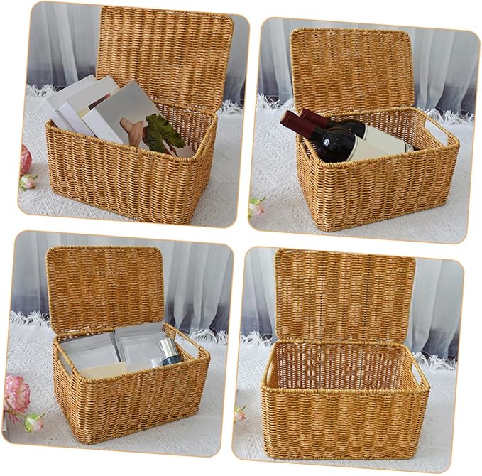 Garneck Faux Rattan Storage Box with Lid Small Sundries Organizer for Bedroom Wardrobe Living Rustic Style Household Storage Bin for Clothes and Books Practical Tiny House Furniture