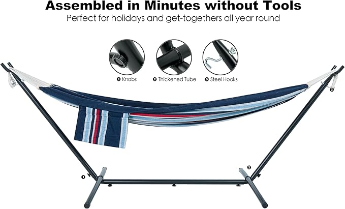 GAFETE Double Hammock with Stand for Outside Upgraded Spreader Bar Heavy Duty Space Saving Steel Stand 2 Person Convenient Pockets Easy Assembly 600lbs Weight Capacity Indoor &amp Outdoor (Nigh