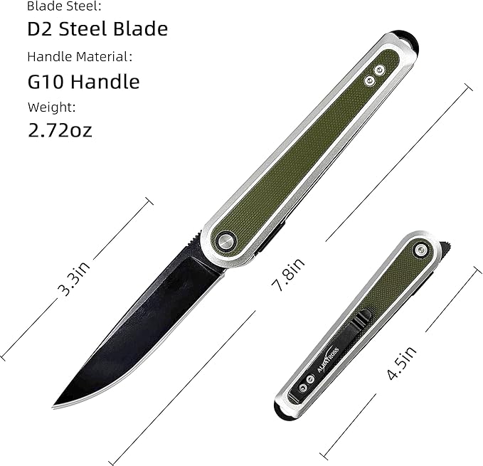 ALBATROSS Urban Utility Gear Folding Knife 3.3” Black D2 Blade Green Aluminum &amp G10 Reversible Clip Ultra-Light Gifts for Father's Day Mother's Day Birthday