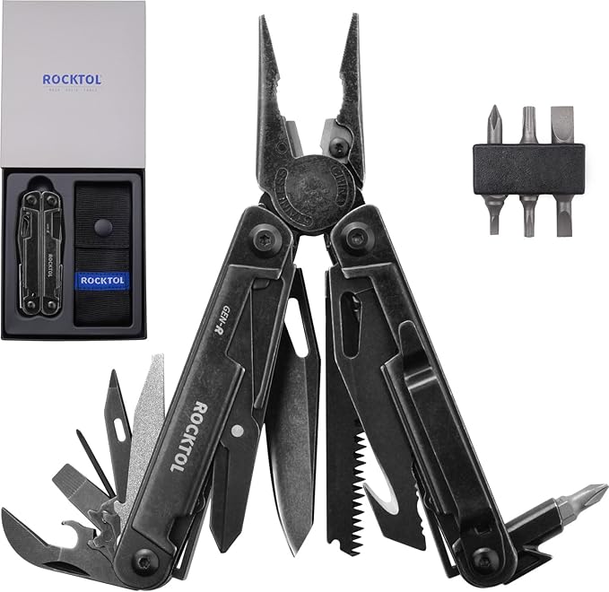 ROCKTOL Gen-R RB Multitool Pliers VG10 Blade 27-in-1 Multi-tool EDC Pocket Knife Retro Black Finish Precision Screwdriver Gut Hook for Hunting Backpacking Hiking Camping