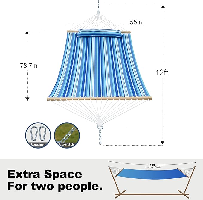 GAFETE Hammock 2 Person Quilted Fabric Hammocks for Outside Double 12ft Hammocks with Spreader Bar Large Removable Pillow Storage Bag Carabiners Max 475 lbs Capacity (Ocean Blue)
