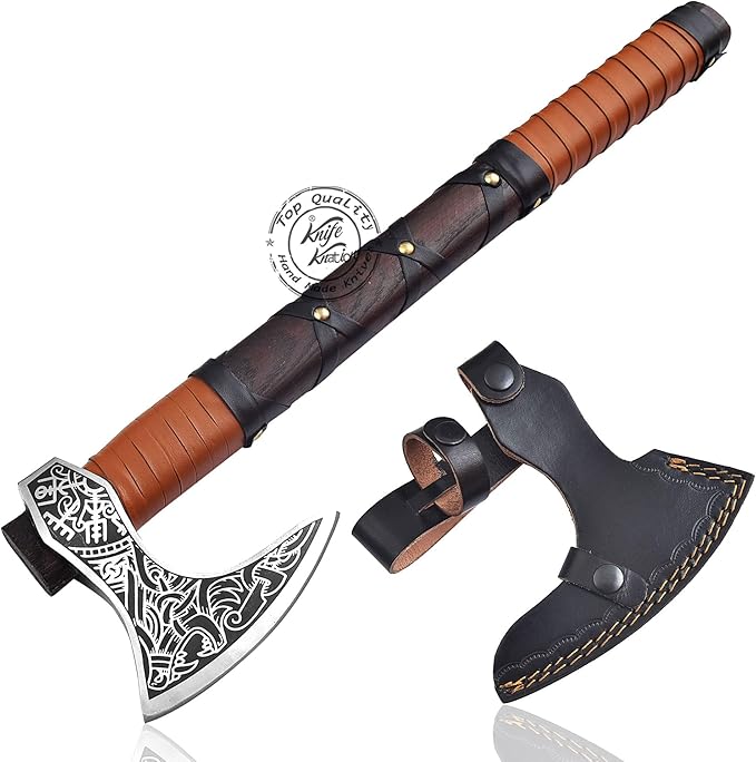 Hand-Forged Engraved Viking Axe of Ragnar Lothbrok Hunting Axe Handmade Camping Axes Hatchet-Norse Axe Tomahawk Vikings Bearded Axes with Leather-Wrapped Handle &amp Sheath (AXE-12)
