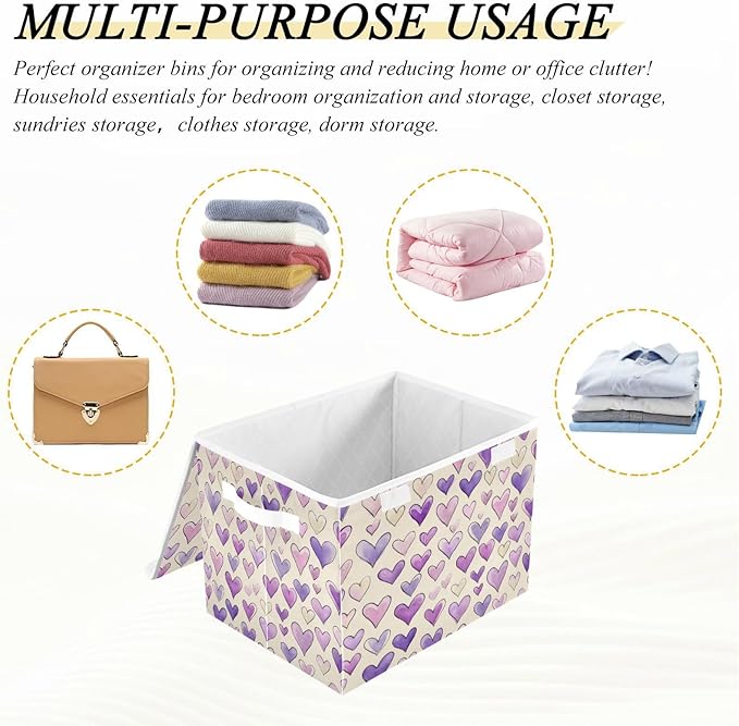 Storage Bins With Lid Stackable Fabric Closet Organizer Clothing Storage Large Boxes For Closet Shelves Bedroom Purple Hearts Minimotifs Diverse